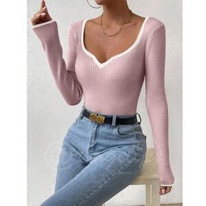 Elegant Pink Ribbed V-Neck Top